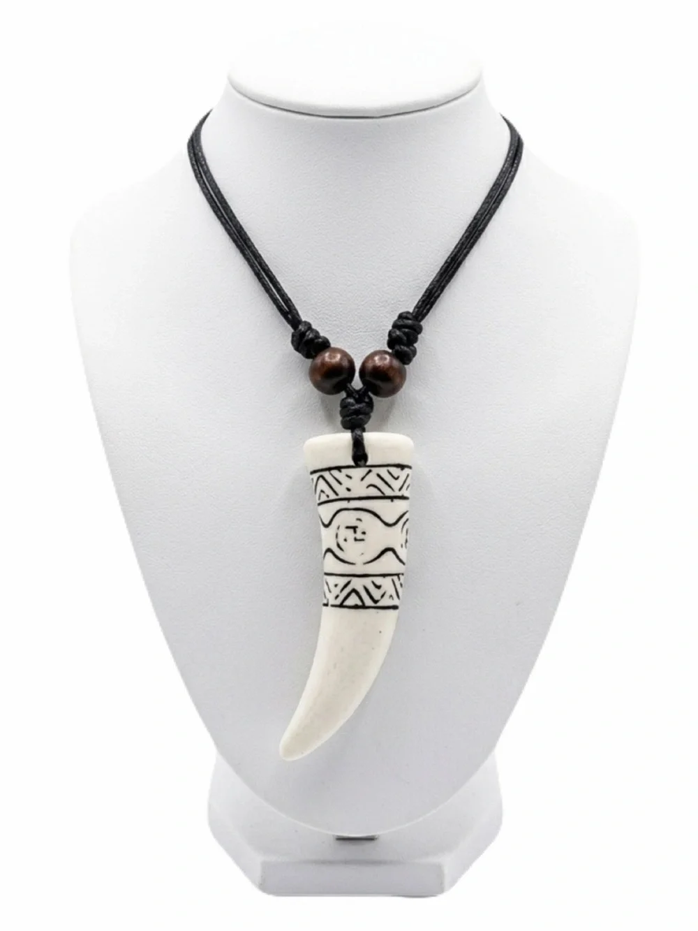 New Unisex White Carved Handmade Horn Wolf Fang Wood Beaded Leather Necklace